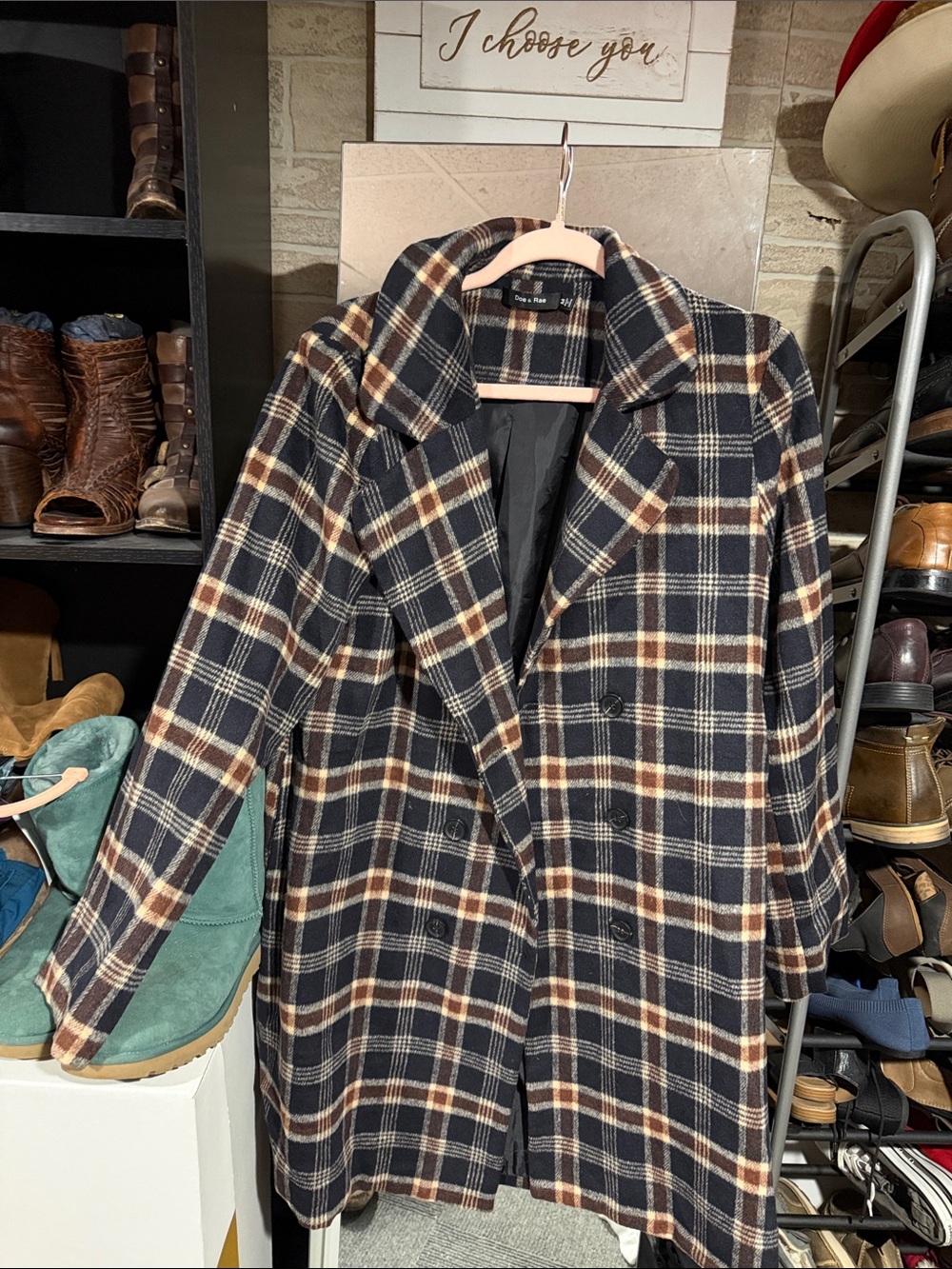 Doe & Rae Plaid Double-Breasted Pea Coat in Navy and Brown